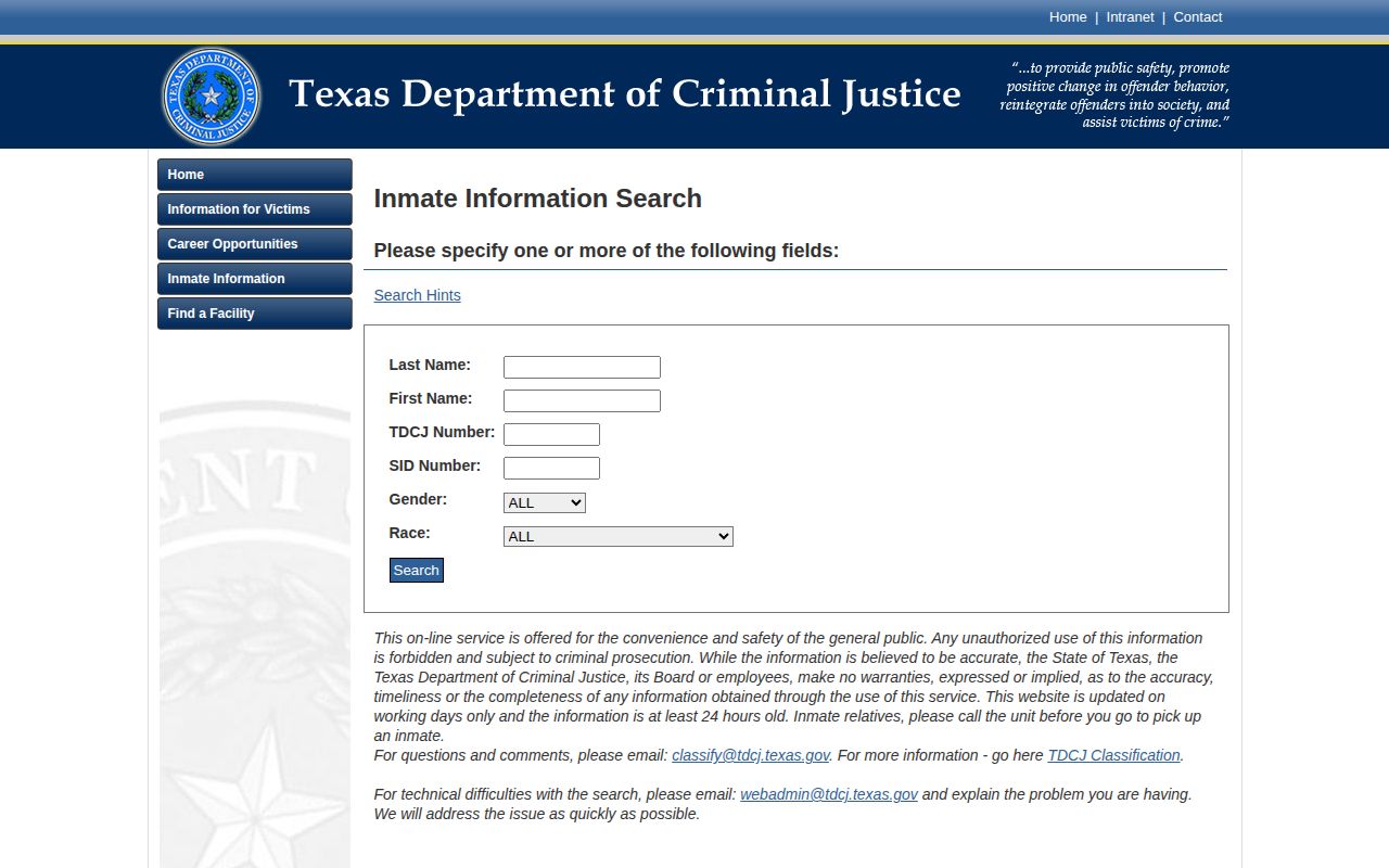 Texas Department of Criminal Justice current inmate search form