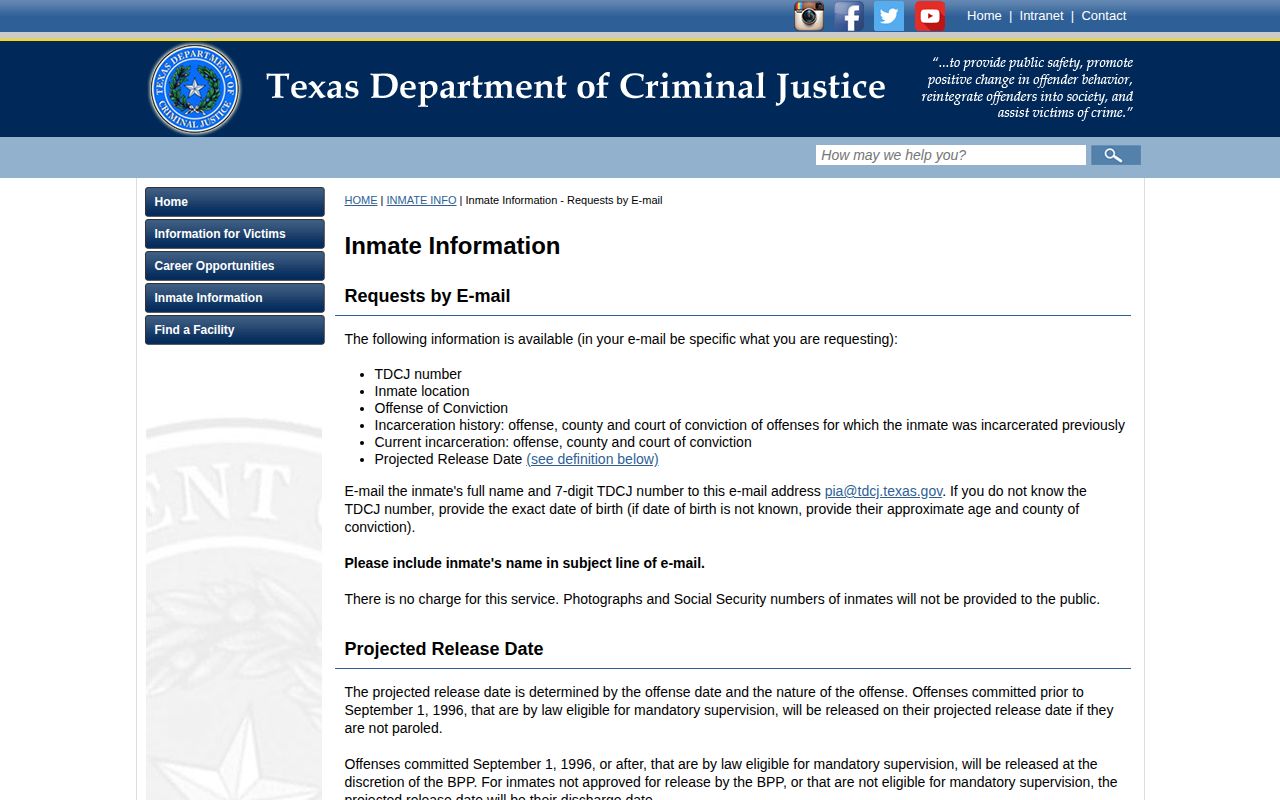 TDCJ incarceration history definitions for Panola County release records